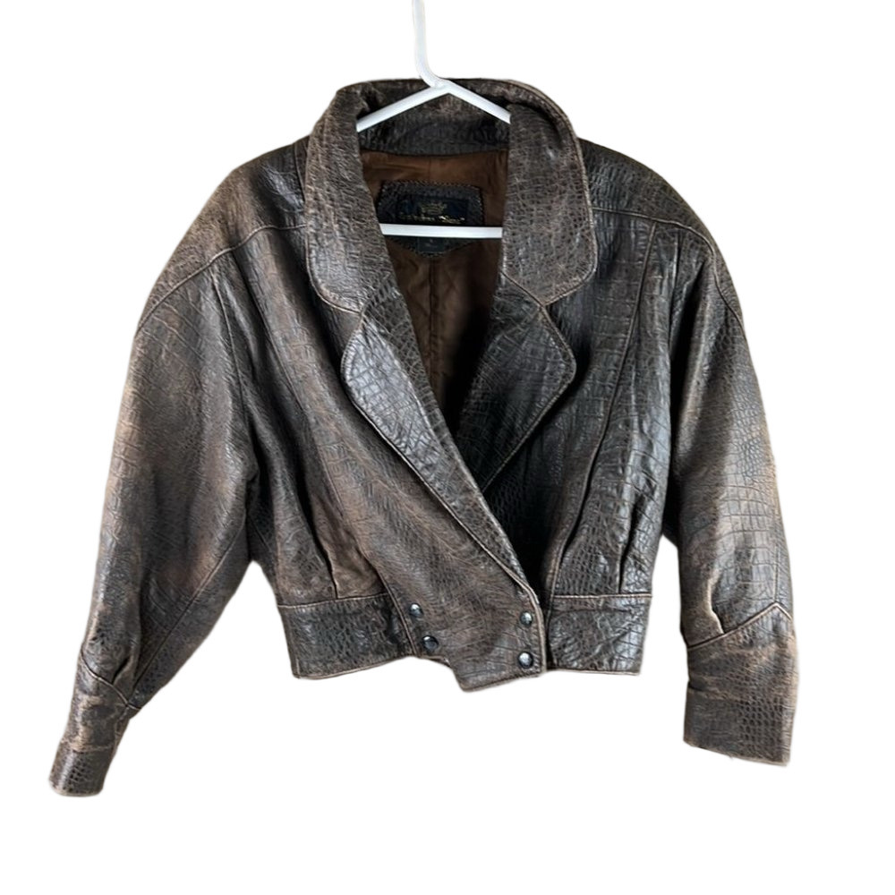 Vintage Exclusive "Baez" 80's  Cropped Brown Leather Blazer Jacket